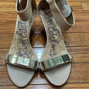 Sam Edelman Serena gold metal mirrored ankle strap wedge sandals.